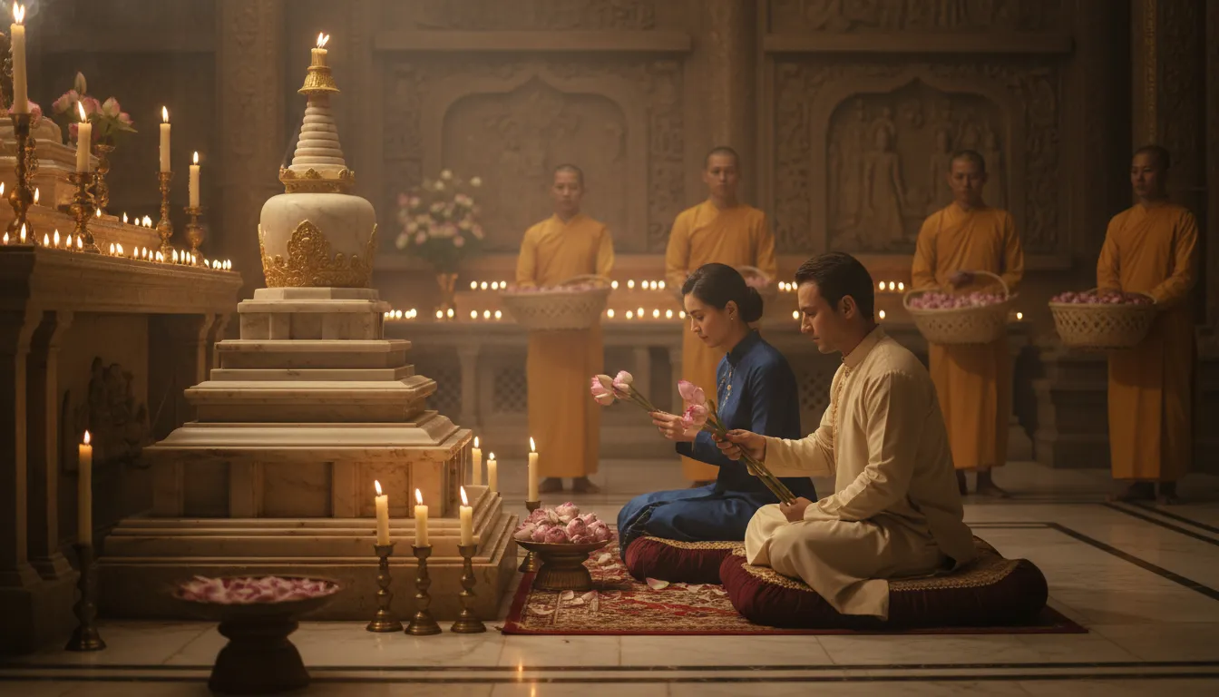 Two people offering lotus flowers near a sacred altar during a temple ritual.