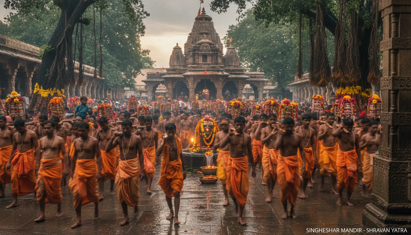 Pilgrims wearing saffron clothes holding copper pots waiting in line outside Singheshwar Mandir entrance during Shravan Maas.