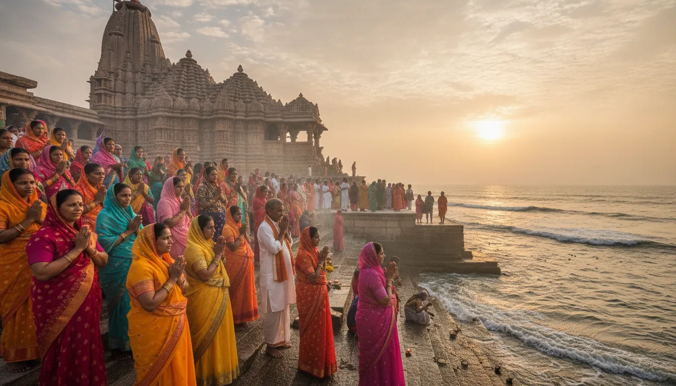 A vibrant scene of pilgrims waiting in line to seek blessings from the sacred Somnath Shivling.