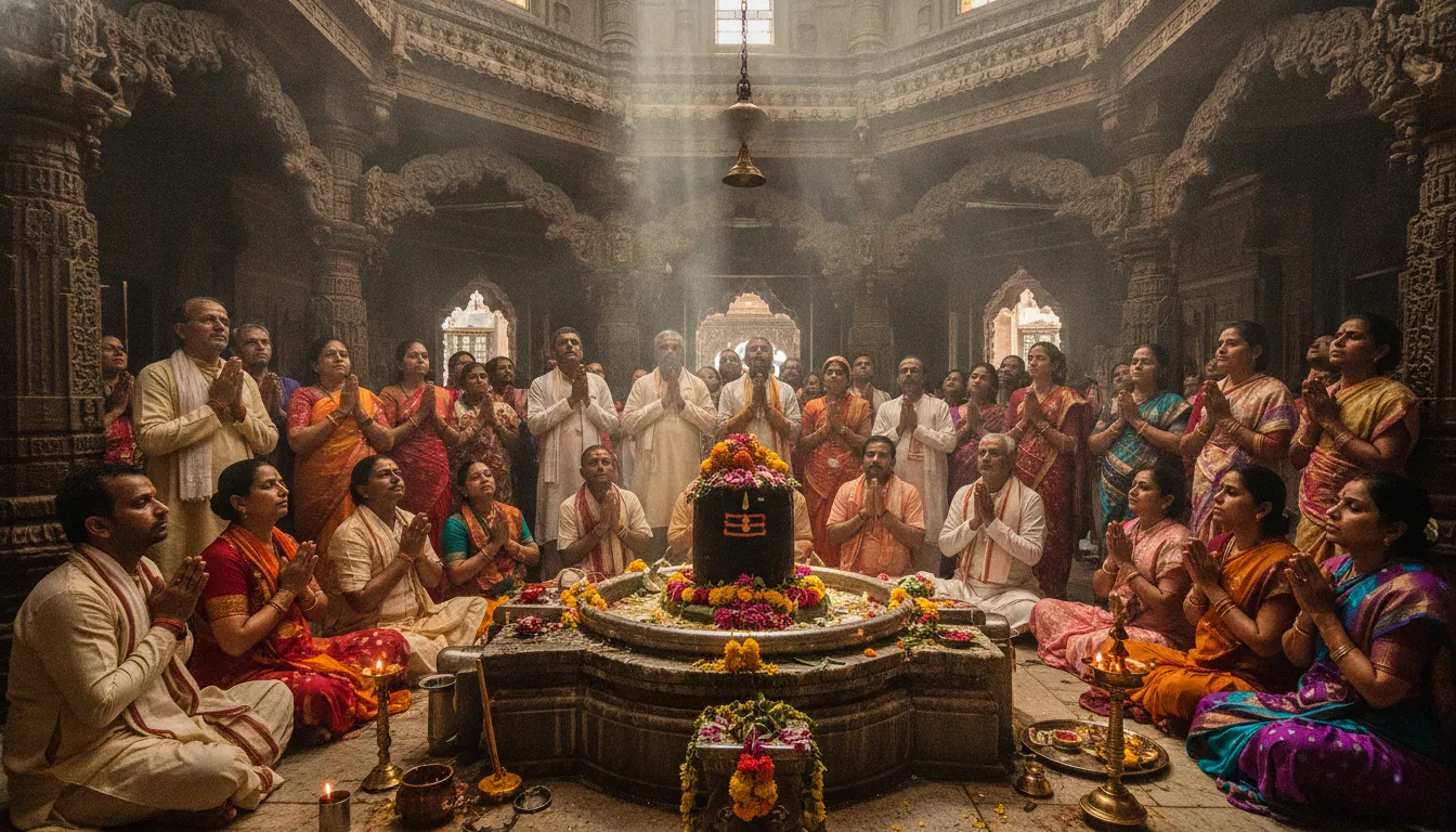 Devotees kneeling and praying in front of the Kashi Vishwanath Shivling.