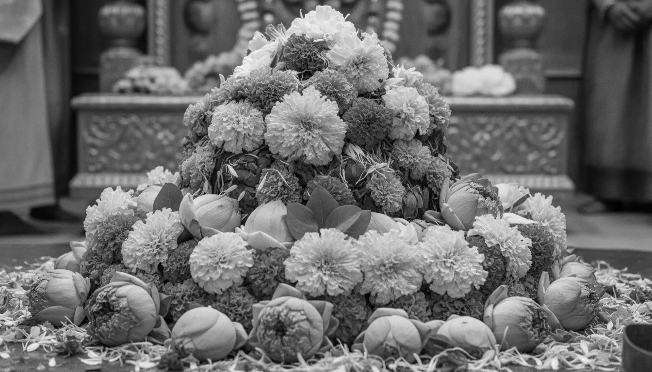 Beautiful shivling image black and white adorned with ritual flowers.