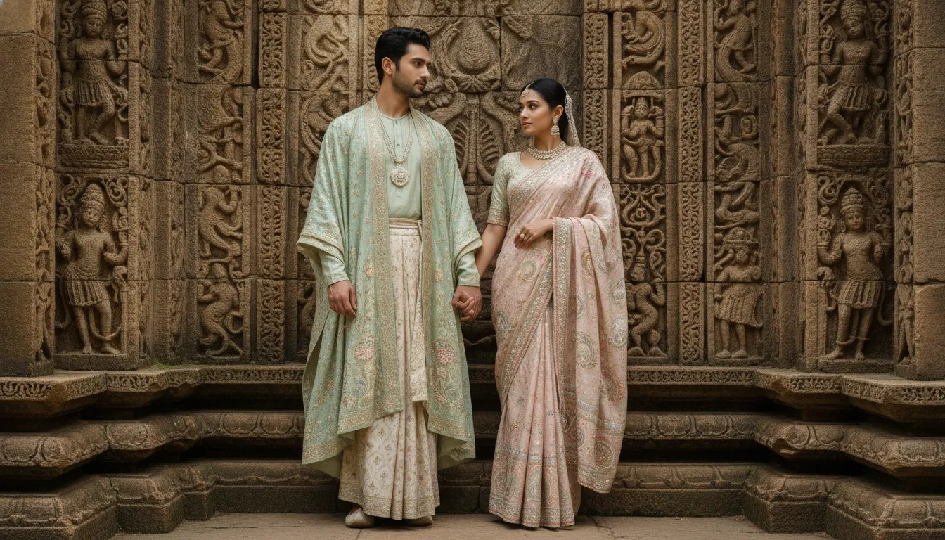 Devotional divine couple in pastel traditional outfits standing against a carved stone wall