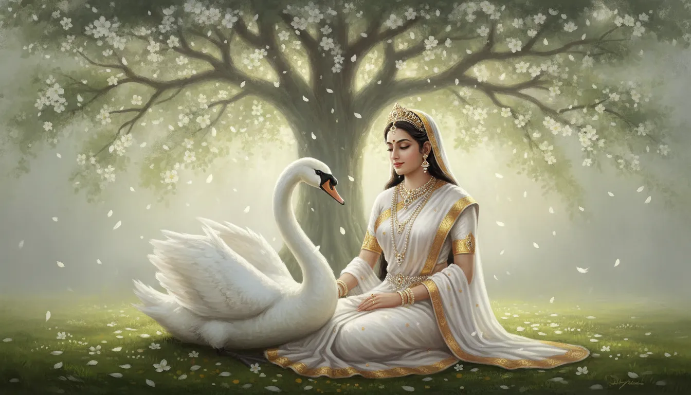 Digital art of a serene goddess figure in a white saree standing next to a large white swan under a tree.