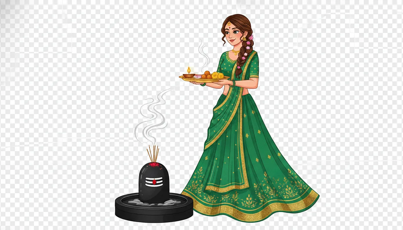 Shravan Somvar celebration featuring shivling pooja by lady cartoon png images holding an aesthetic puja thali.
