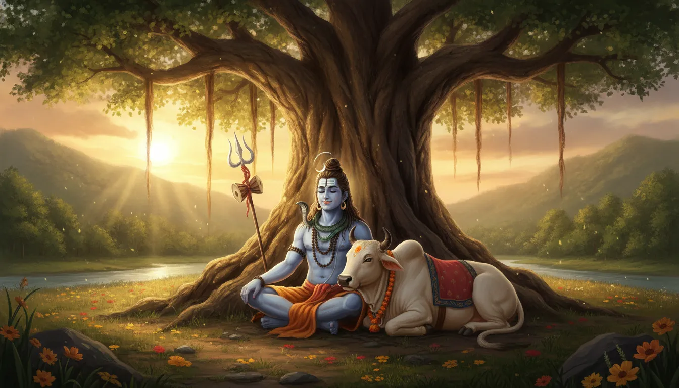 Lord Shiva resting with faithful Nandi bull under a banyan tree at sunrise