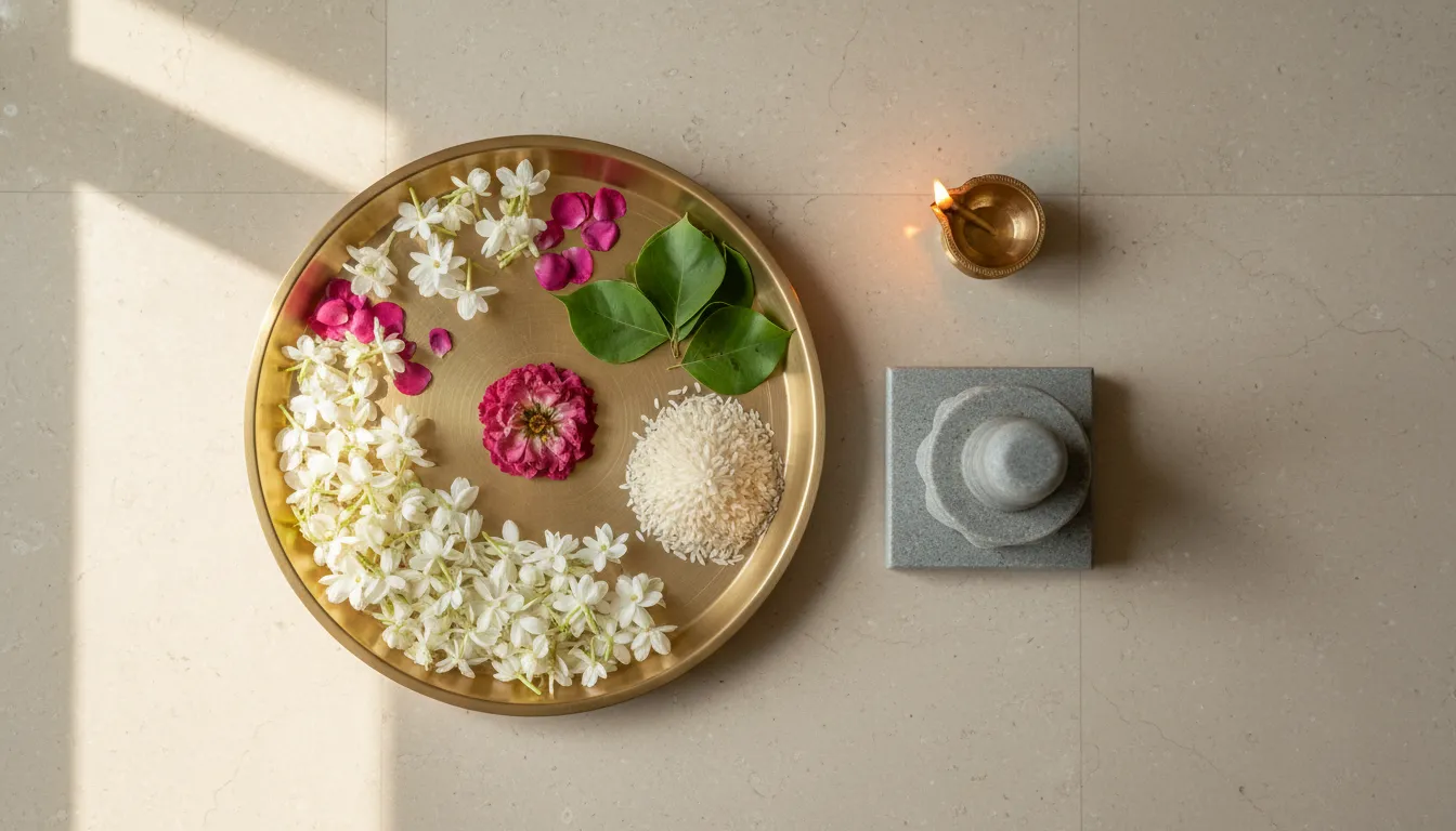 A beautiful arrangement of traditional flowers, leaves, and a diya next to a stone shivling.