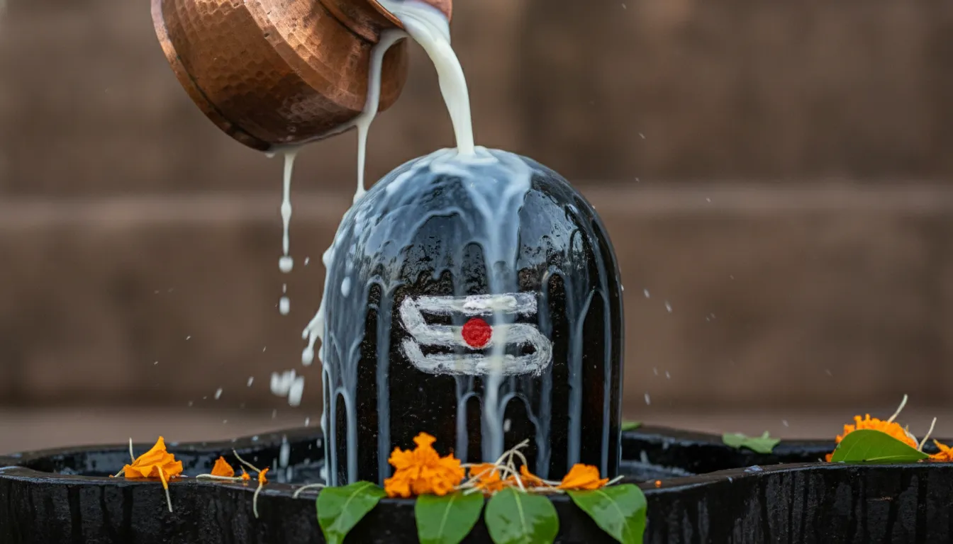 Holy milk and water ritual offering on Mahadev Shivling with flowers