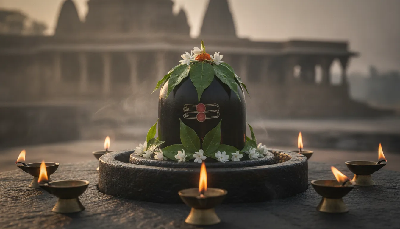 Devotional morning time Diler movie full hd shivling image with oil lamps.