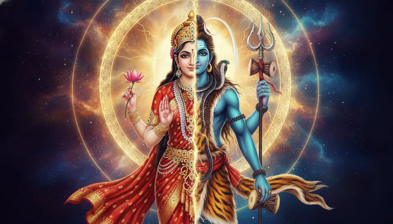 Har har mahadev hd photo of Ardhanarishvara representing the union of Shiva and Parvati.