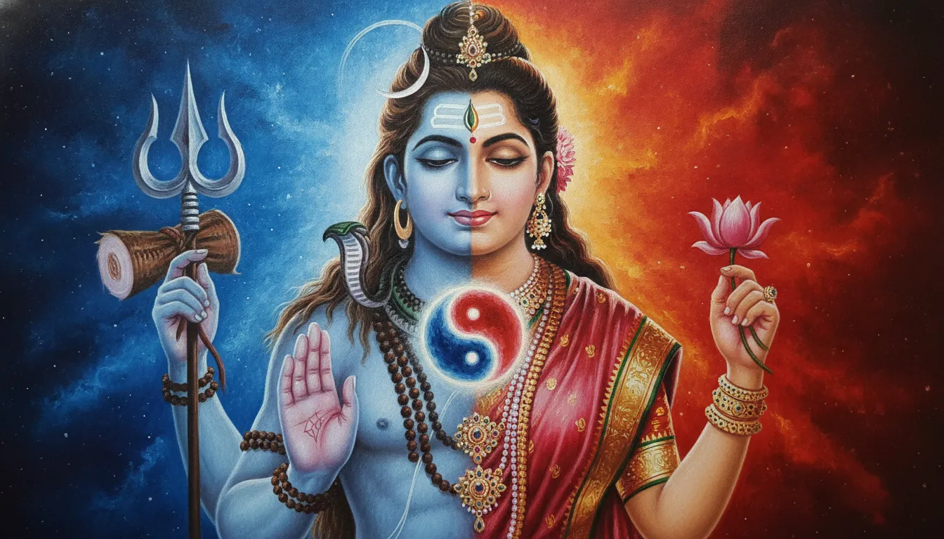 Sacred union in har har mahadev photo full hd depicting Shiva Shakti Ardhanarishvara.