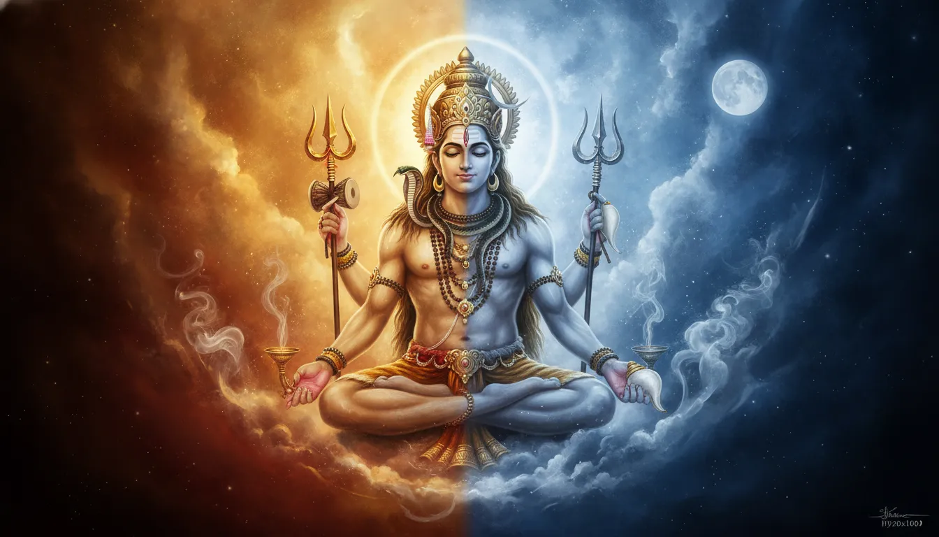 An abstract spiritual digital art featuring Harihara with a halo of golden sunbeams on one side and spiritual incense smoke on the other.