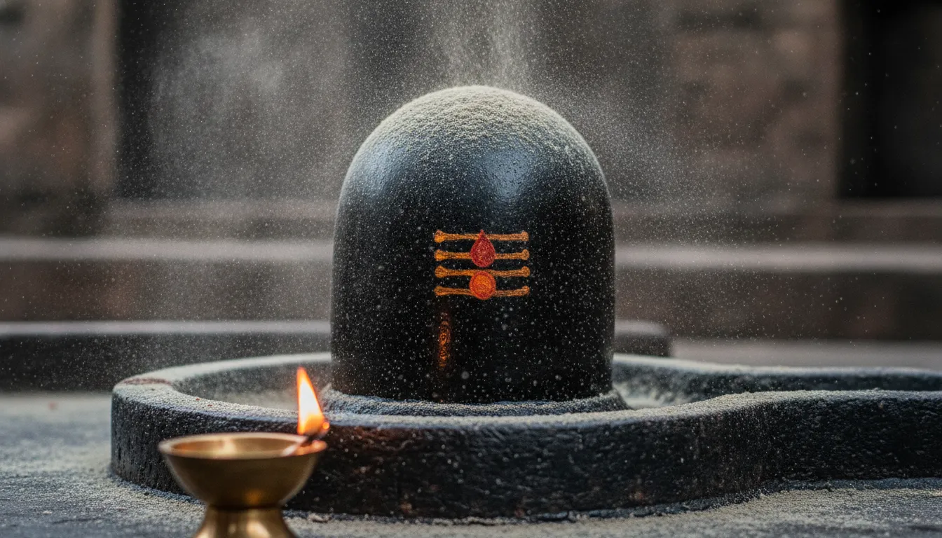 Mystical HD shivling images original with abishakam using sacred ash or bhasma in an authentic style.