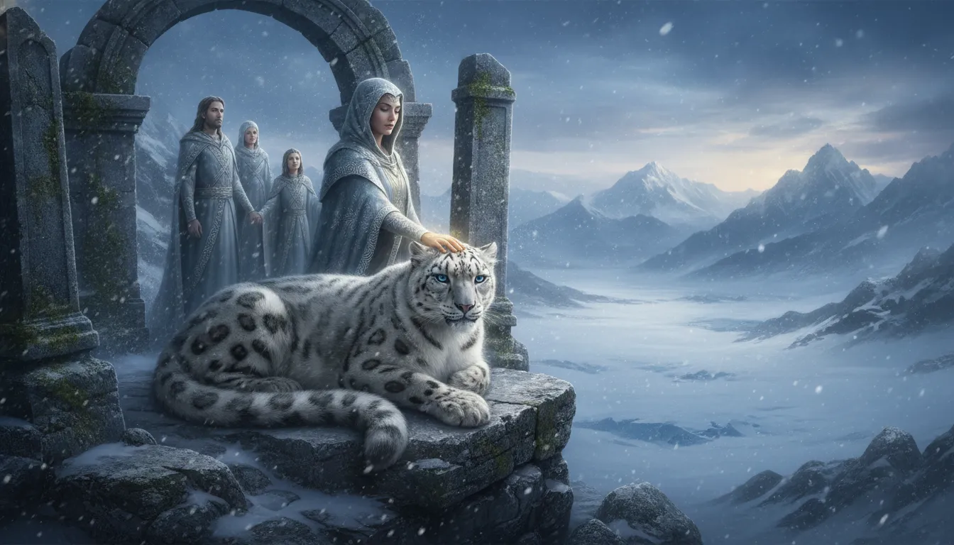Divine family blessing a large snow leopard on a rocky mountain ledge