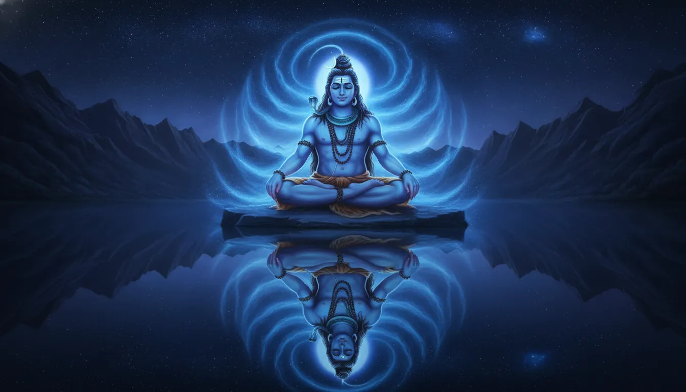 Lord Shiva meditating with a glowing blue aura sitting near a still mountain lake.