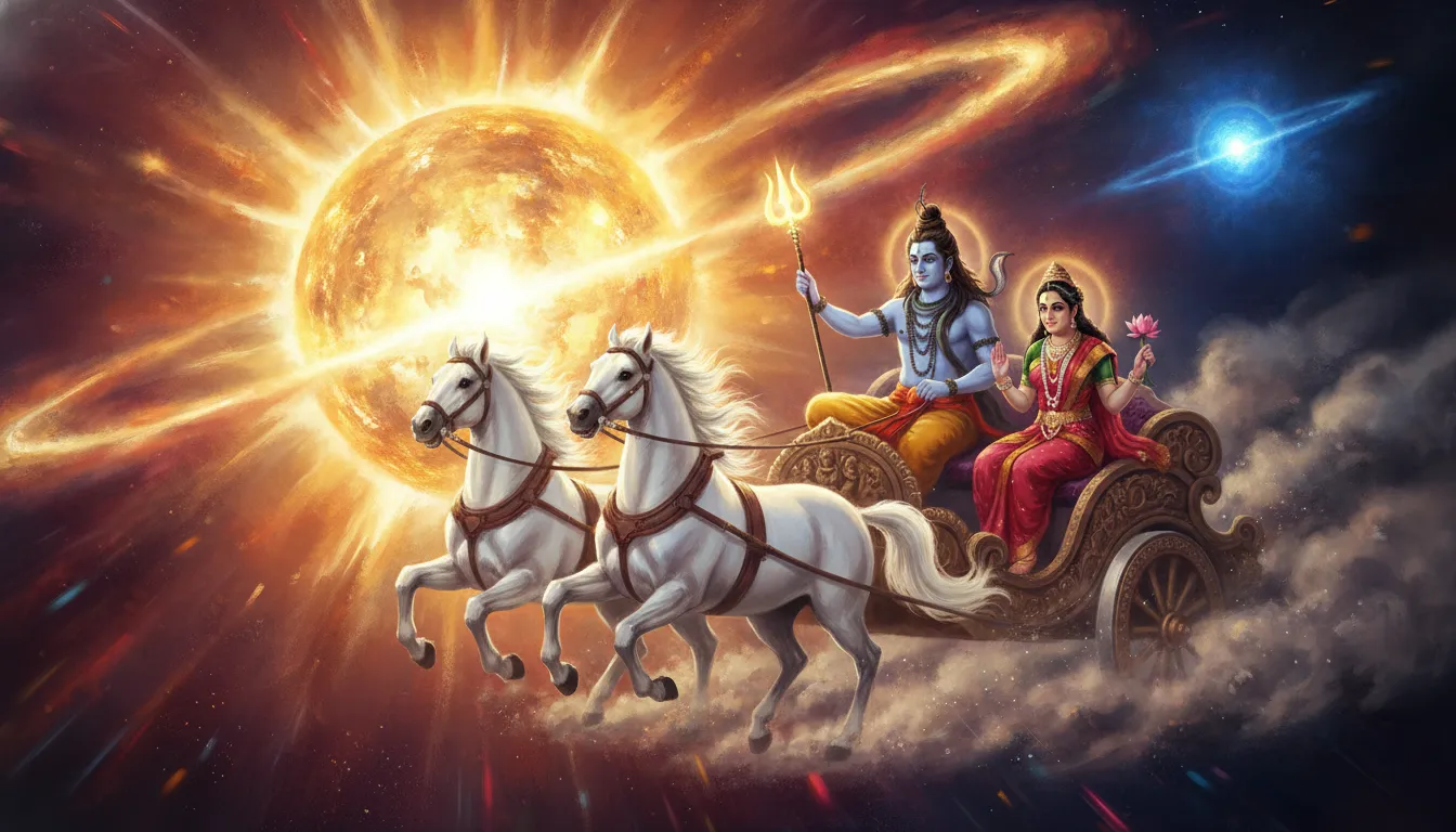 Shiva and Parvati riding a golden chariot near a bright exploding star in space