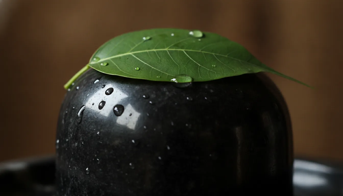 Macro close-up image of shivling with bilva patra highlighting the rich textures of the sacred leaf and smooth black marble.