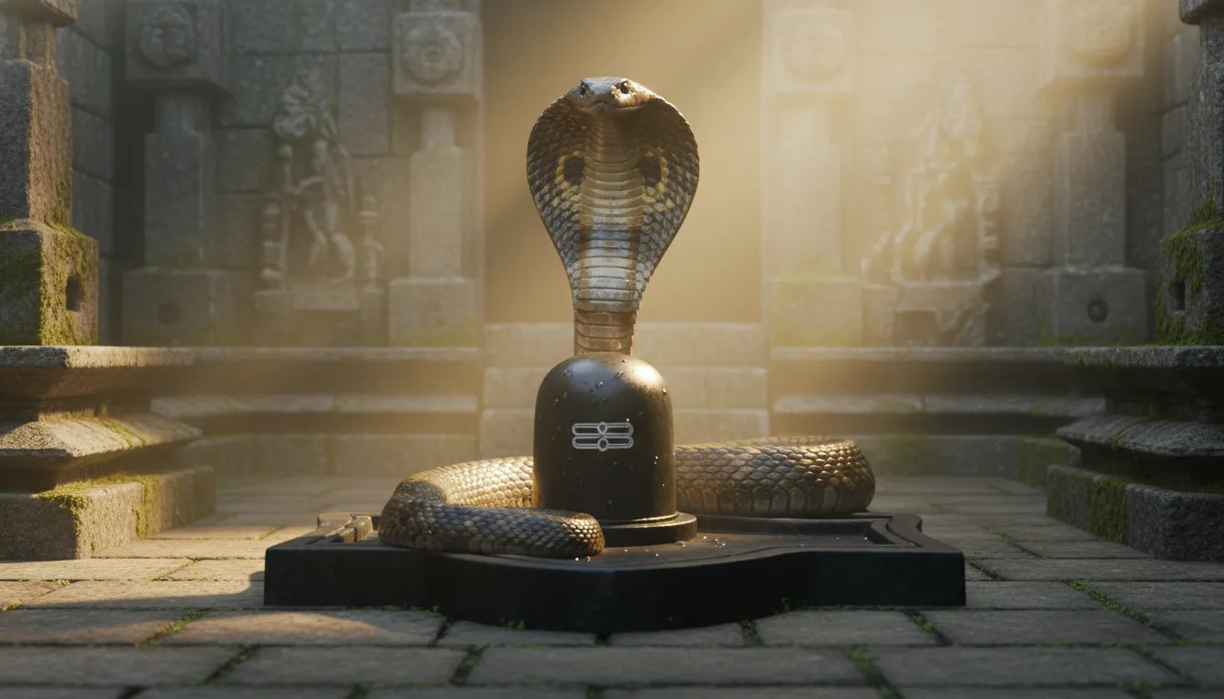 A magnificent king cobra hovering its hood protectively over a black stone Shiva Lingam in a misty temple setting.