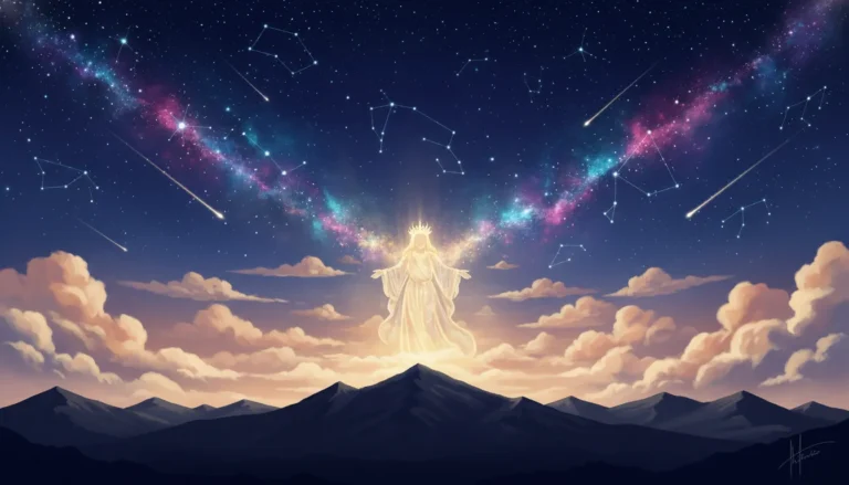 A glowing divine figure looking down from a starry night sky onto a peaceful landscape
