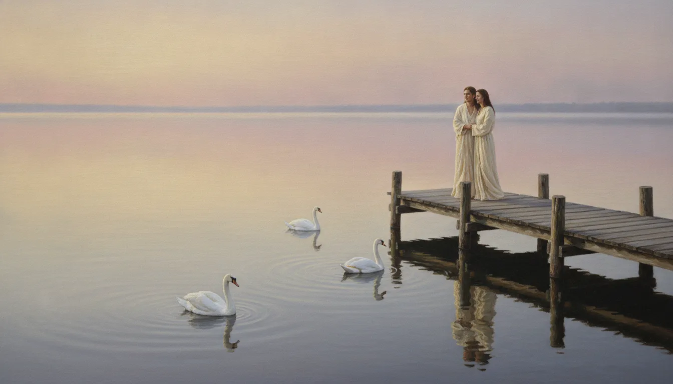 A devotional painting of a divine couple standing on a wooden pier, watching white swans swim on a lake during sunrise.