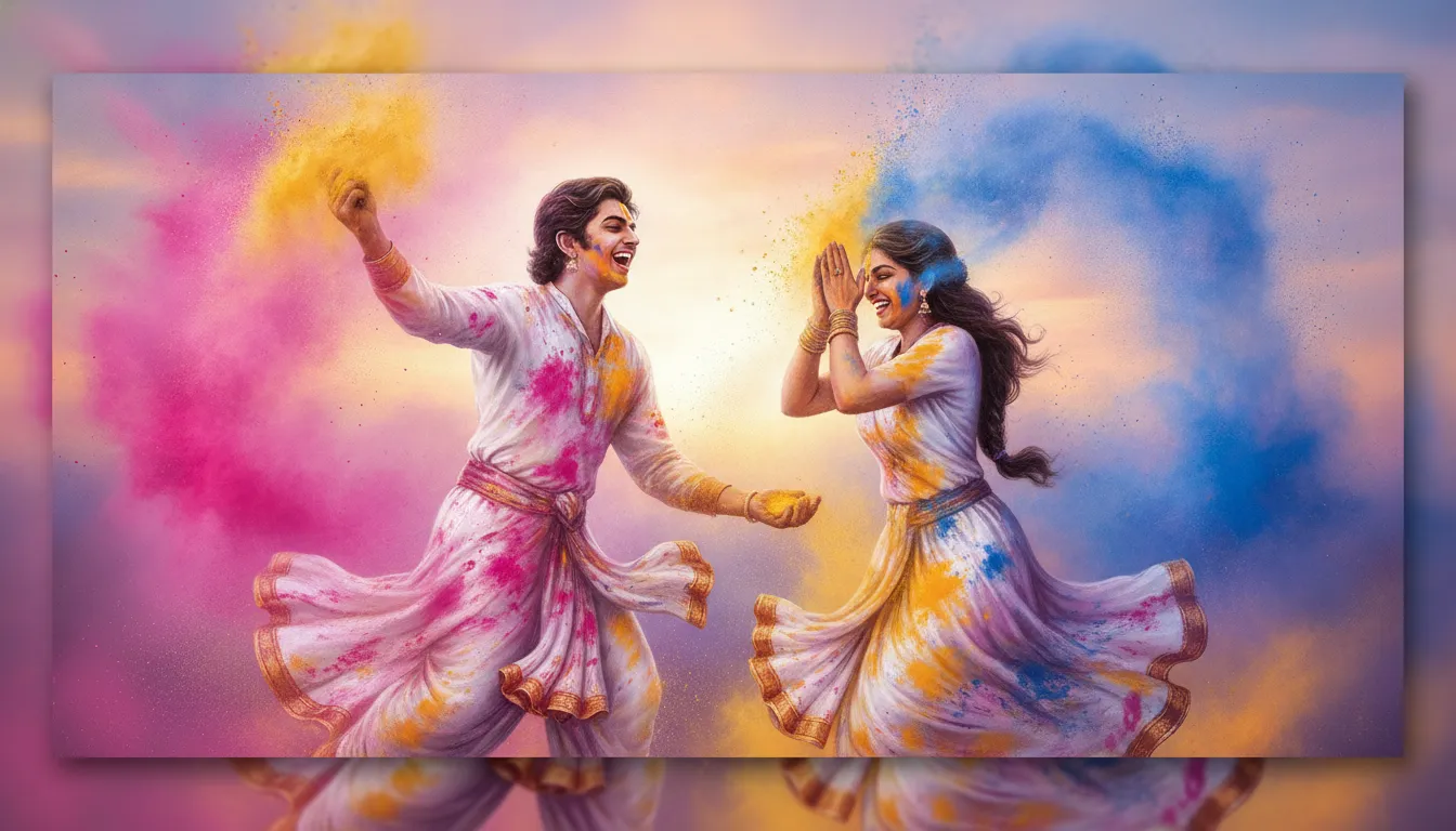 A spiritual couple playfully throwing colorful powder at each other during a traditional spring festival.