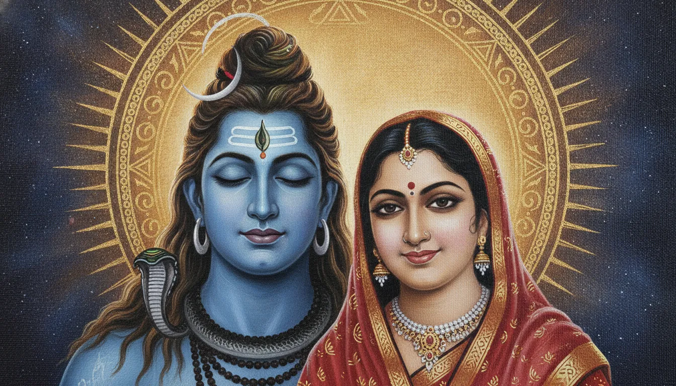 Close-up artistic portrait of Lord Shiva and Goddess Parvati with a shining gold halo