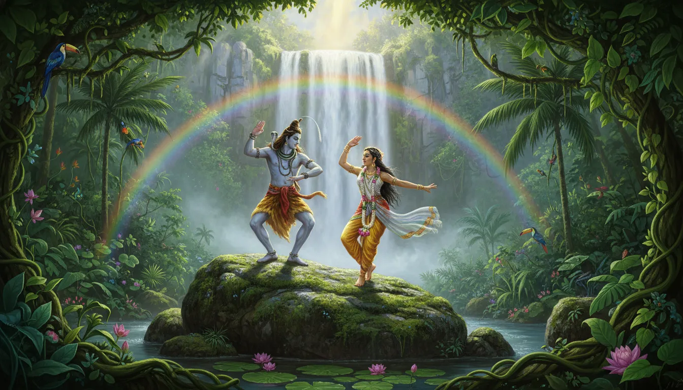 Lord Shiva and Parvati performing Tandava and Lasya next to a powerful jungle waterfall.