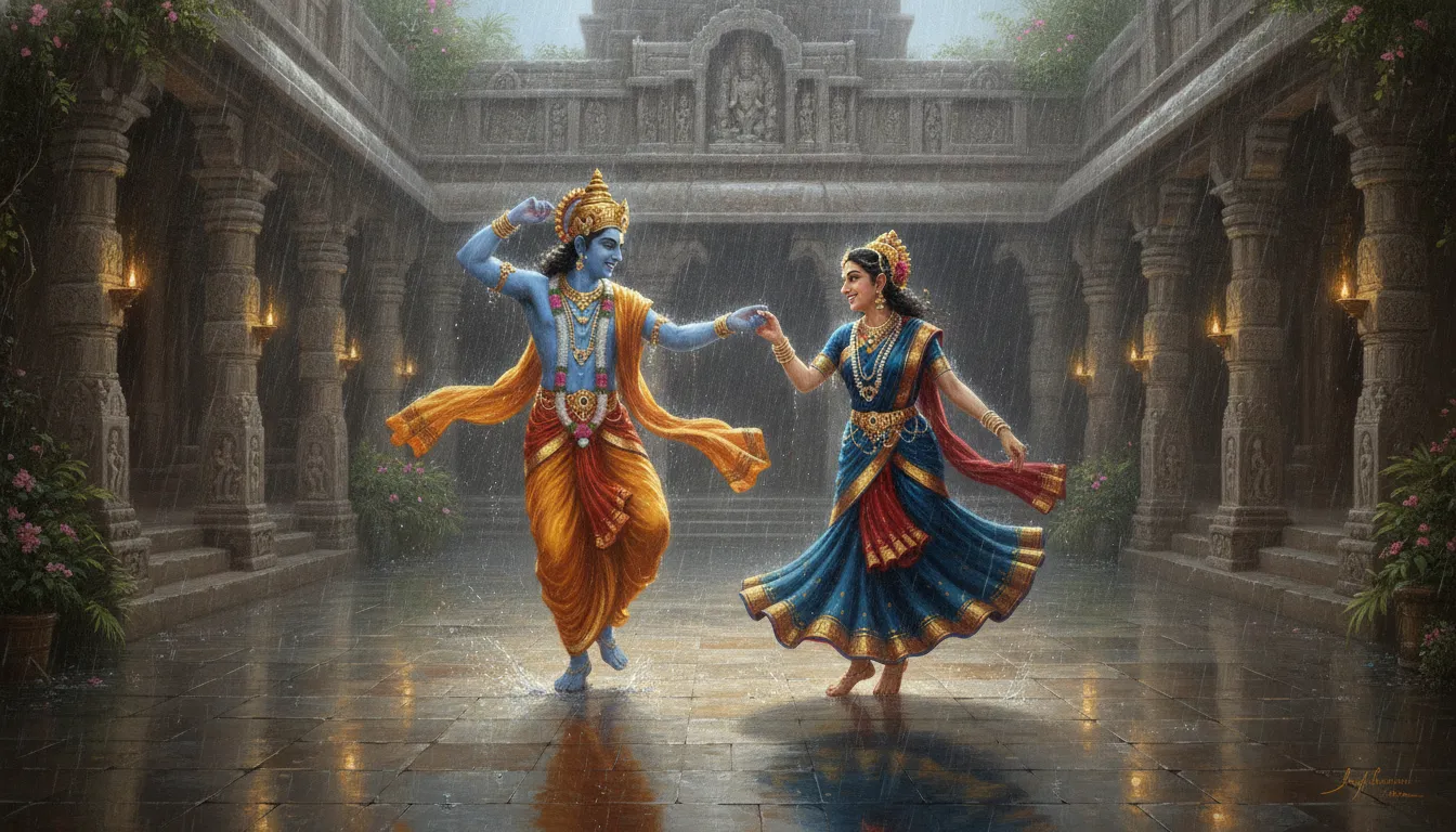 A dynamic painting of a divine couple performing a graceful dance in a traditional stone temple courtyard during the monsoon.