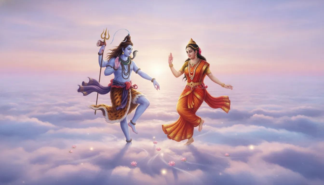 Shiva and Parvati dancing gracefully on a sea of soft pastel clouds