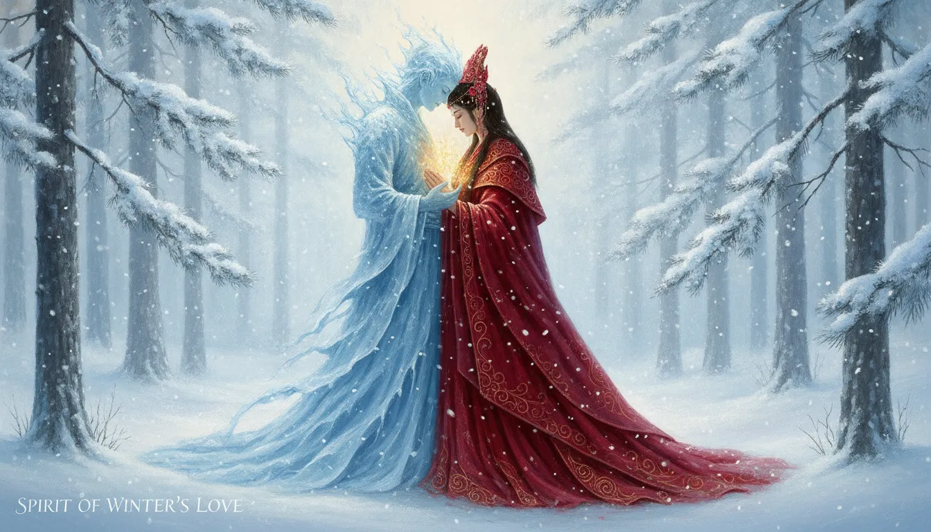 Mythological blue-skinned male and elegant woman embracing during a peaceful winter snowfall in a dense forest.