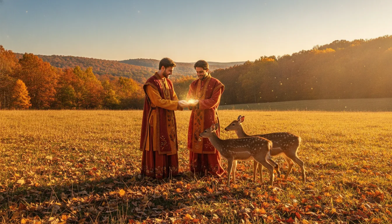 A beautiful devotional painting of a divine couple standing in a golden autumn meadow, feeding a small family of deer.