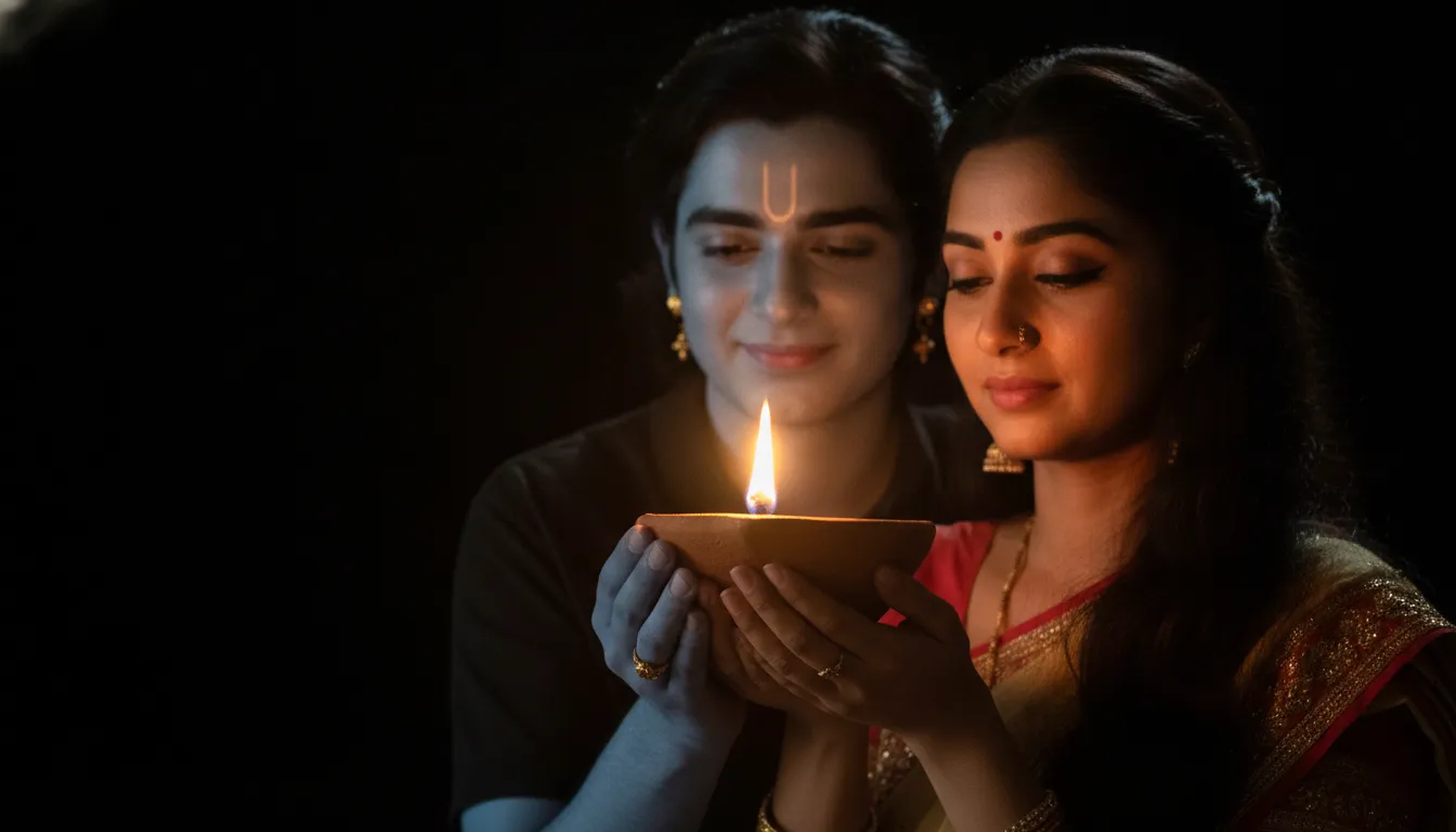 A spiritual couple holding a glowing clay lamp together between their hands during a dark night ceremony.