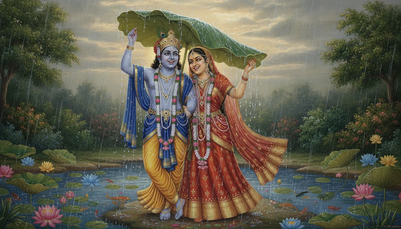 Artwork of a divine couple holding a giant green lotus leaf above their heads to protect themselves from the rain.