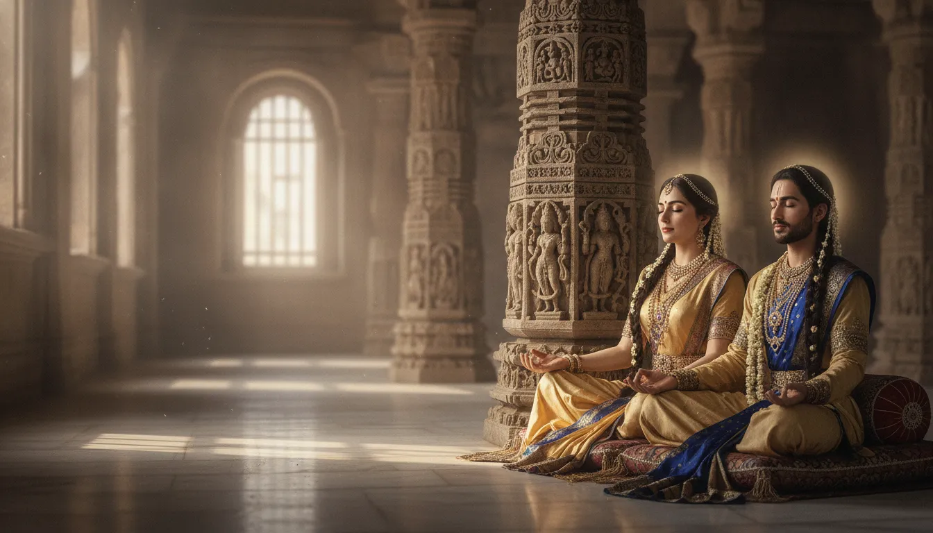 Divine couple sitting in deep meditation next to a carved stone pillar in an ancient temple with soft morning light
