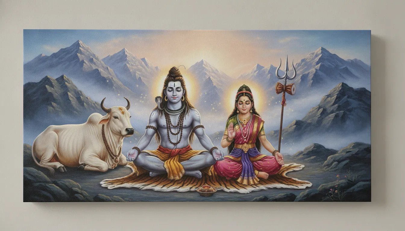 A spiritual artwork of a divine couple meditating together on a tiger skin near misty mountains with a trident and white bull.