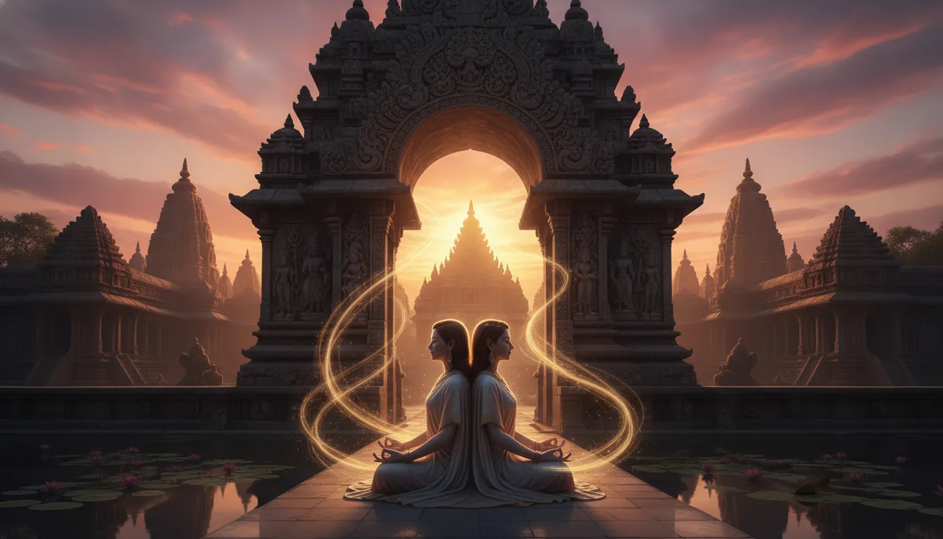 Divine couple sitting in meditation at the grand entrance archway of an ancient temple as the sun rises