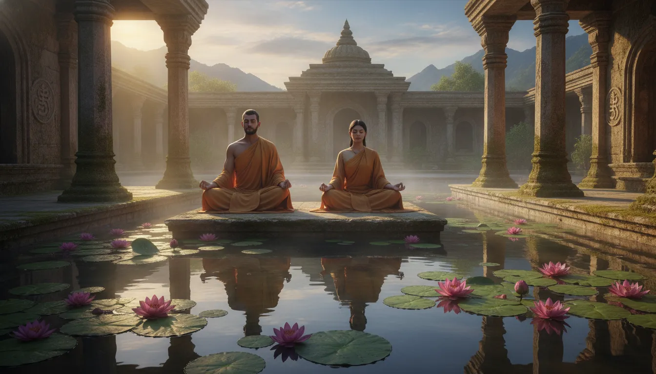 Spiritual divine couple sitting in silent meditation on the grand stone steps of an ancient temple structure