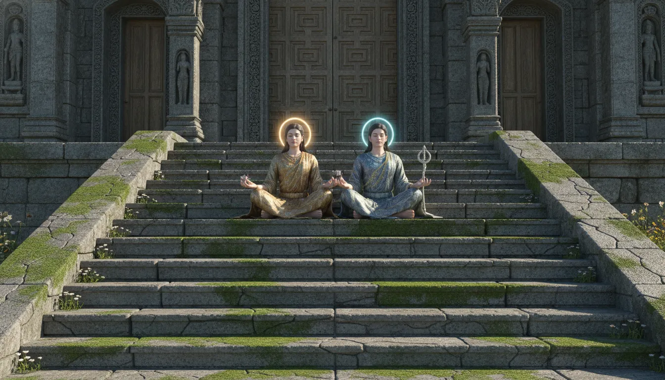 Spiritual divine couple sitting in silent meditation on the grand stone steps of an ancient temple structure