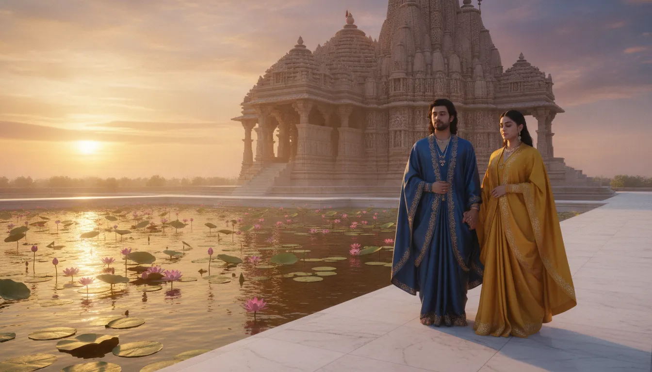 A divine couple standing near a golden pond with lotus flowers and a temple backdrop.