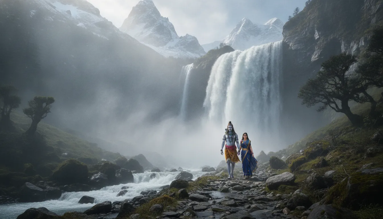 Lord Shiva and Goddess Parvati walking near a majestic mountain waterfall