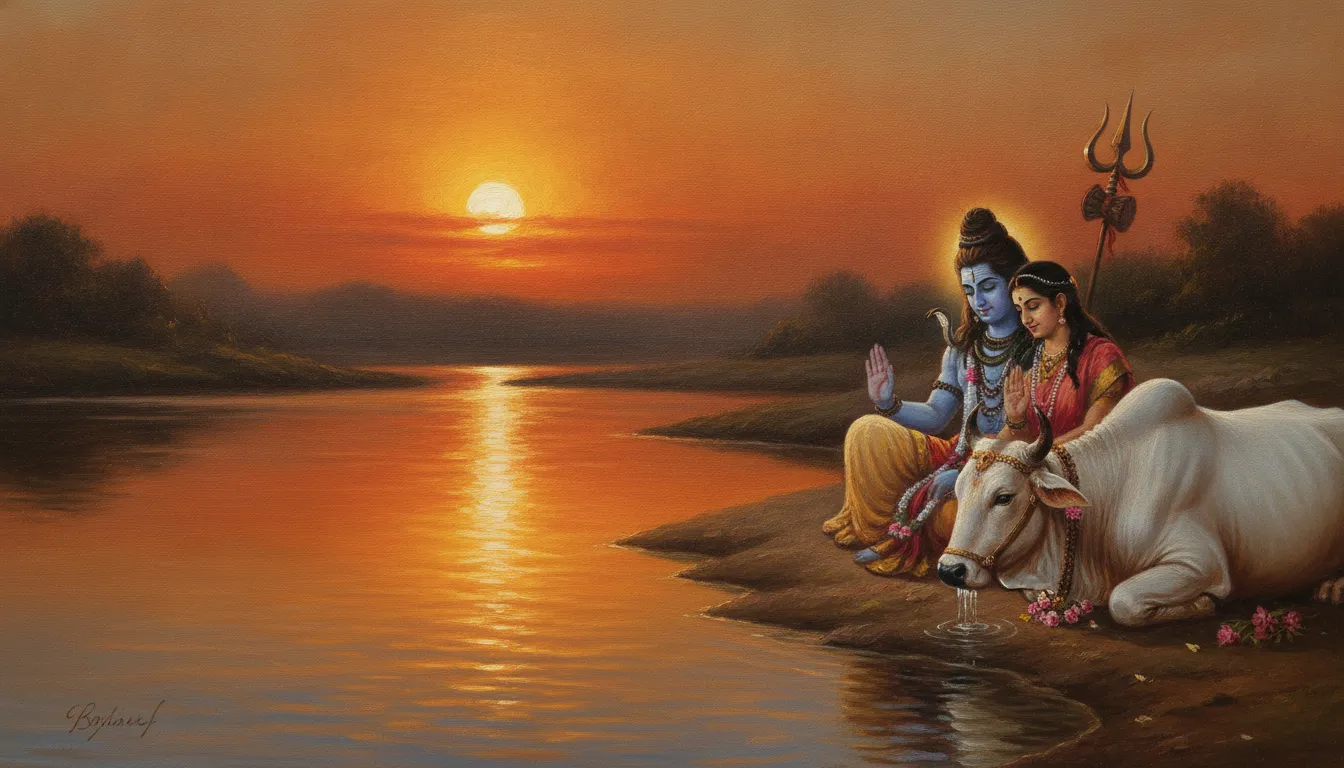 A peaceful artwork of a divine couple sitting on the banks of a river at sunset with a white bull and trident.