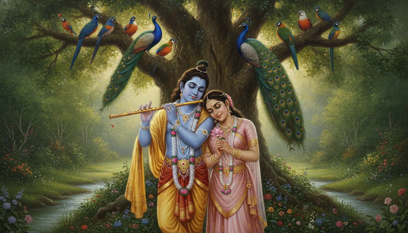 A blue-skinned figure playing a golden flute while a beautiful woman rests her head on his shoulder in a garden.