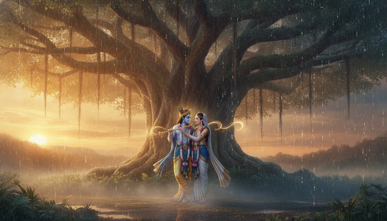 Digital art of a divine couple standing under a large tree at sunset while playing a golden flute in the rain.