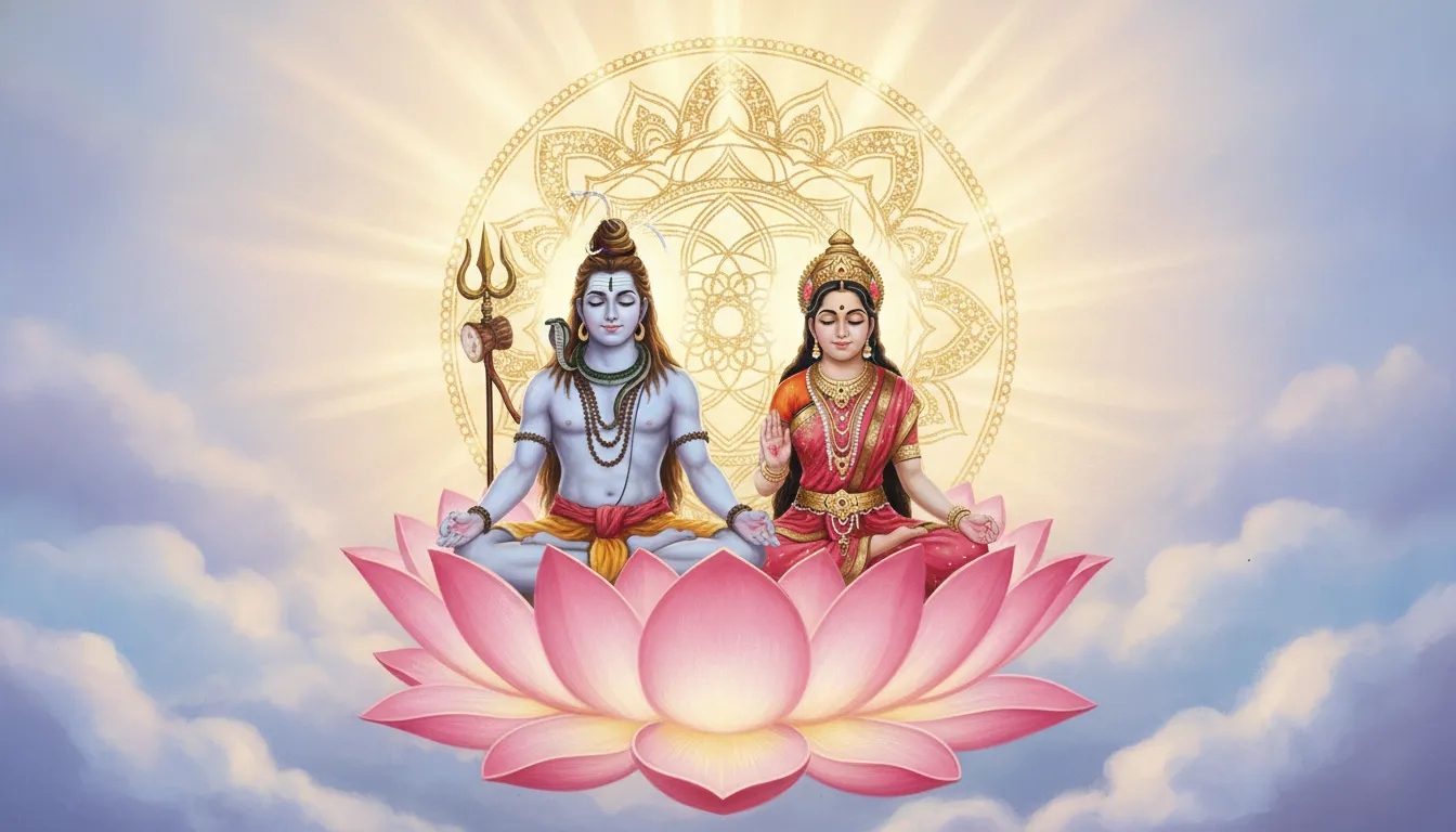 Digital painting of Shiva and Parvati meditating on a giant glowing lotus with a radiant geometric aura