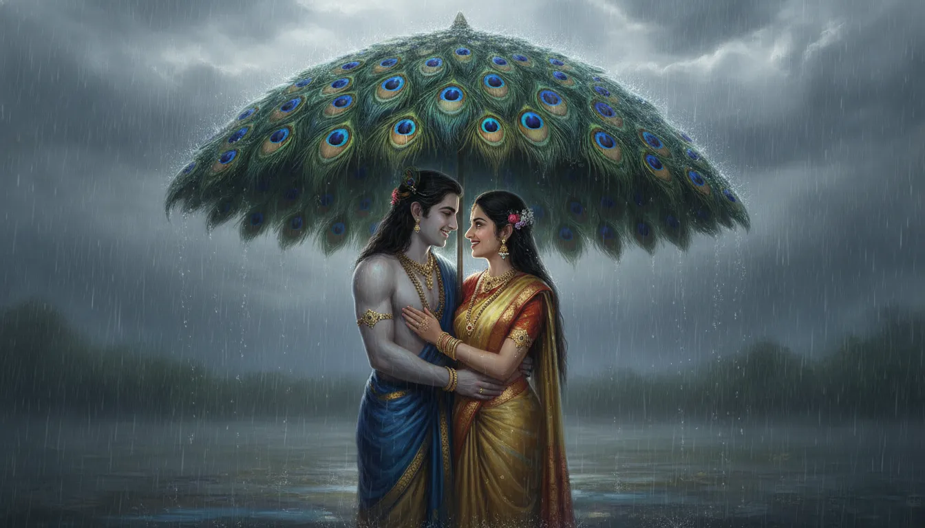 Digital painting of a divine couple holding a large peacock feather umbrella over themselves during a heavy downpour.