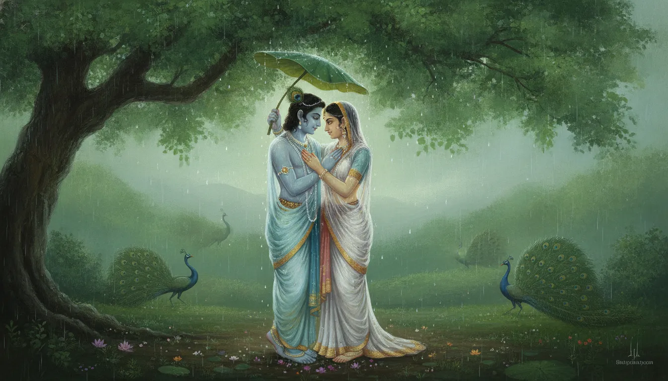 A devotional monsoon painting of a divine couple standing close together under a large green leaf umbrella during a soft rain.