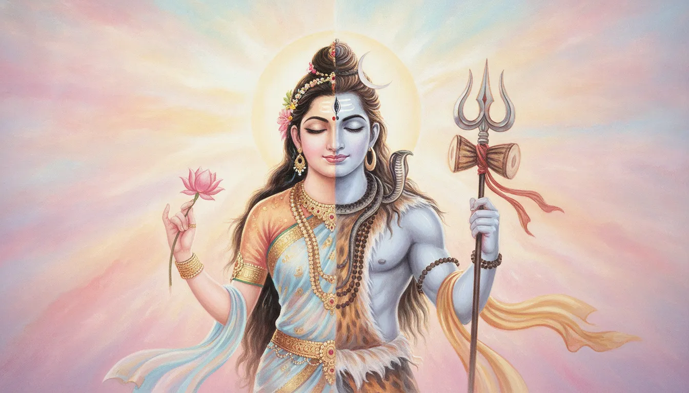 Ardhanarishvara composite image of Shiva and Parvati in soft dawn light