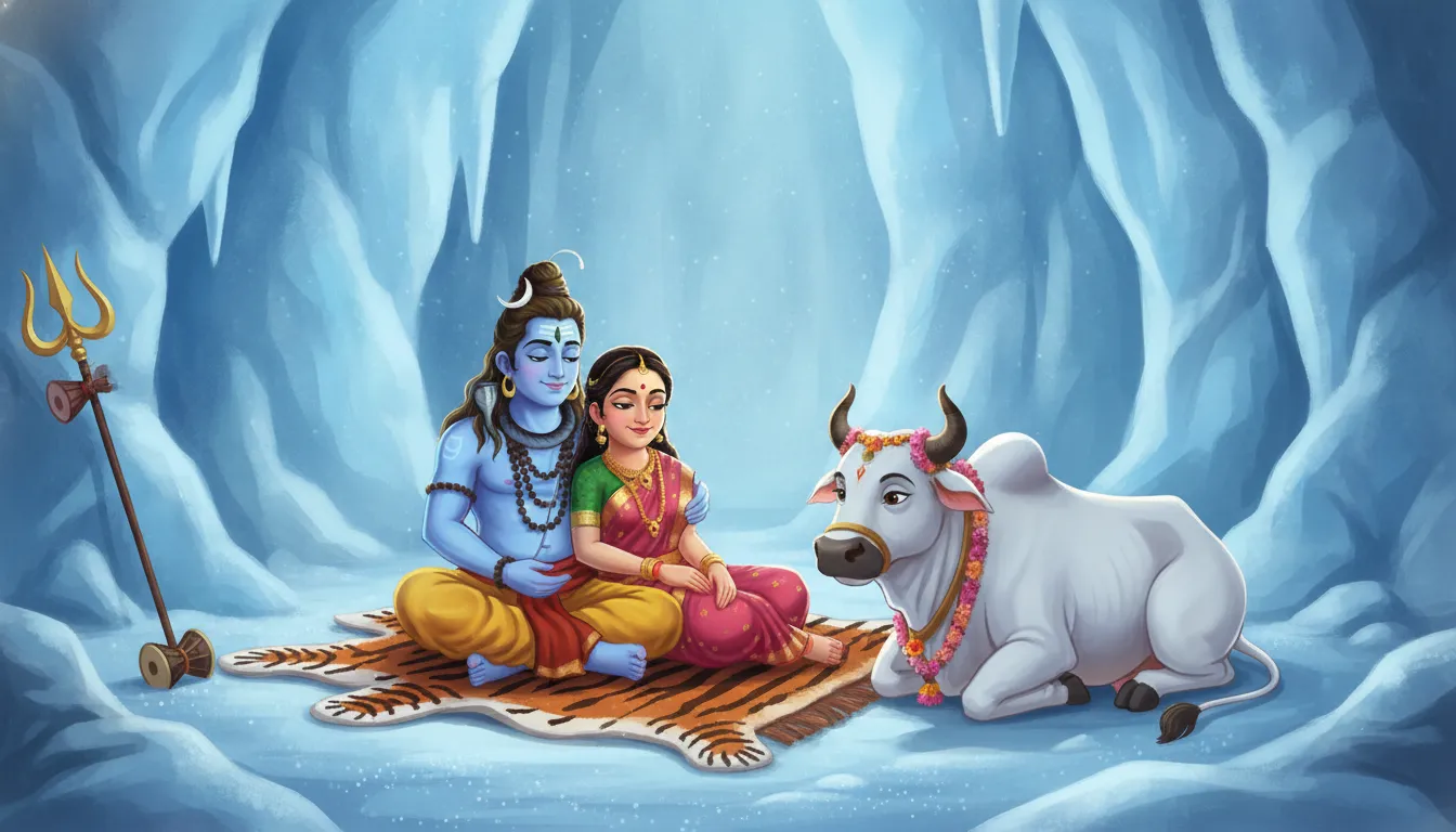 Cartoon-style image of Shiva and Parvati sitting inside an icy cave with their divine bull Nandi.