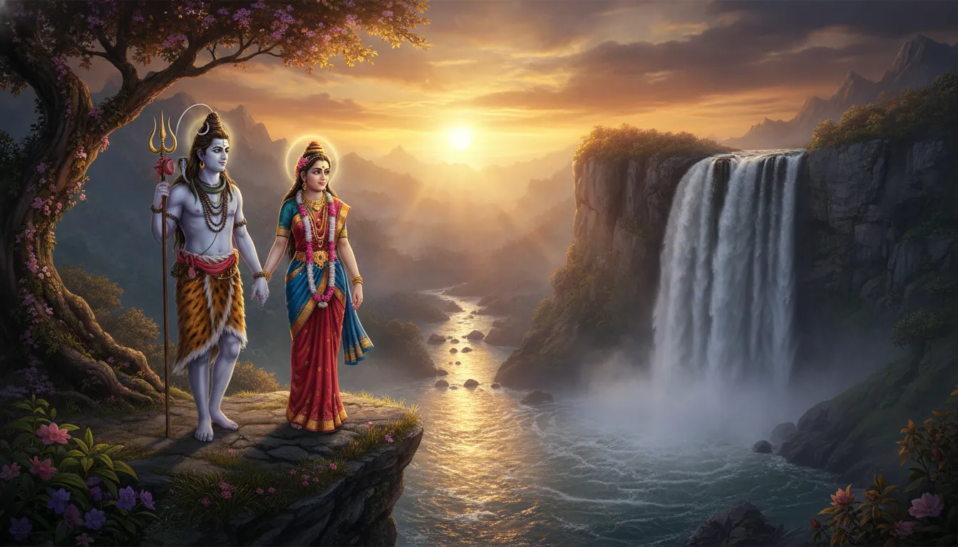 Shiva and Parvati holding hands and looking at a gorgeous waterfall during a golden sunset.