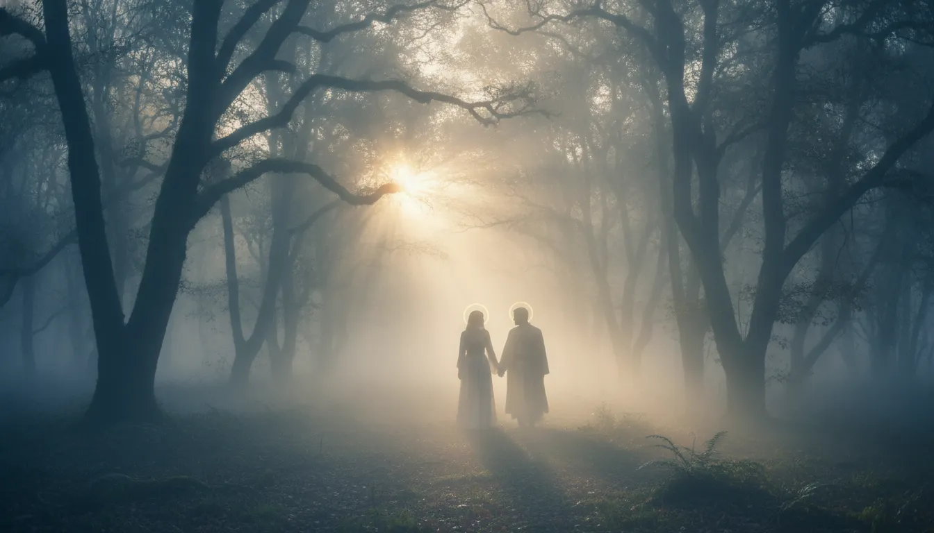 Shiva and Parvati walking hand in hand through misty morning woods