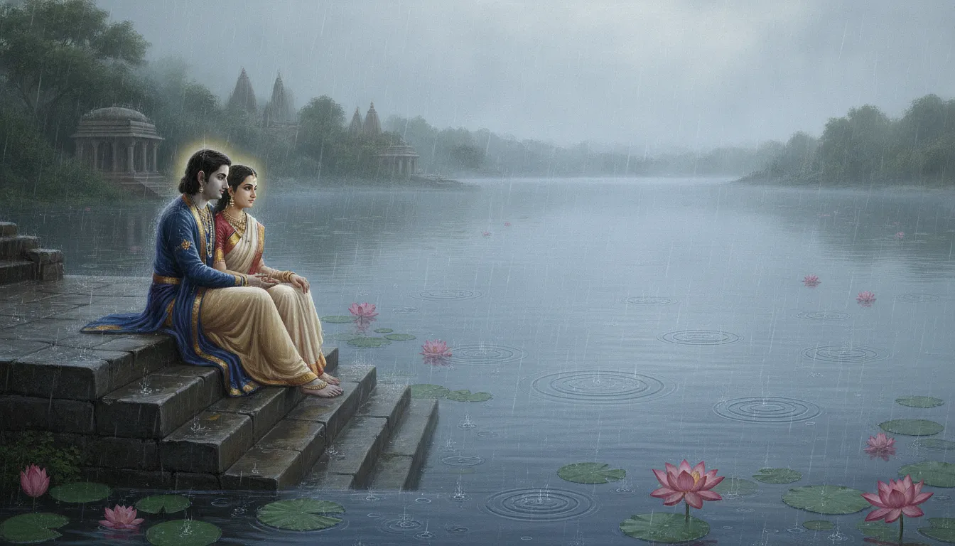 Artwork of a divine couple sitting on a stone ghat by a lotus lake while rain creates ripples in the water.